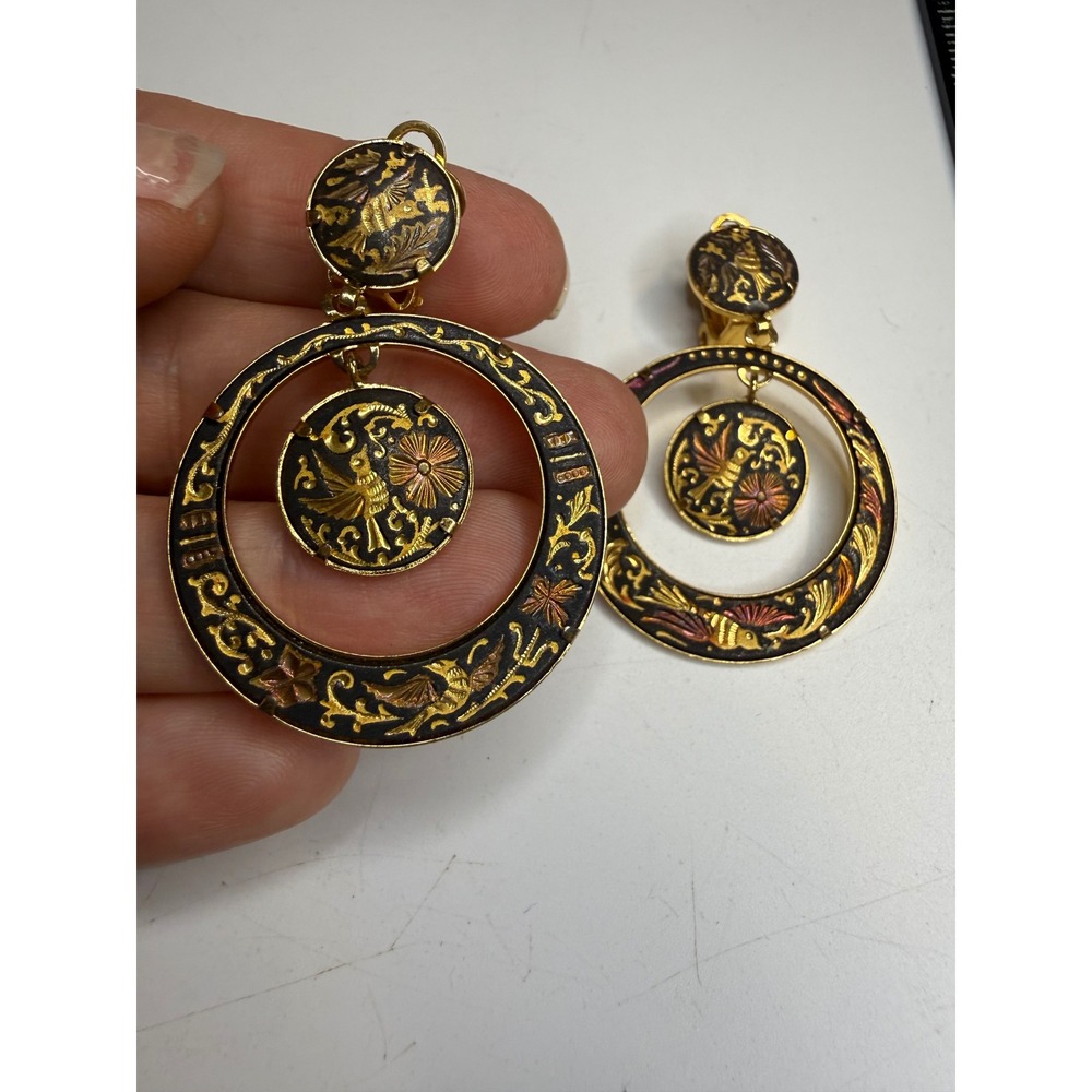 Vintage Damascene Clip On Earrings Gold Tone Black Enamel Bird Floral Hoop Drop